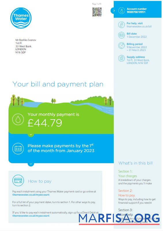 Downloadable UNITED KINGDOM THAMES WATER utility bill Word and PDF template, version 3